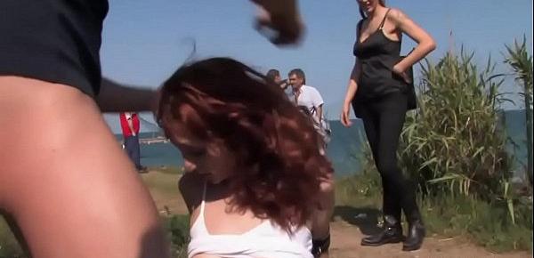  Redhead banged outdoor in public